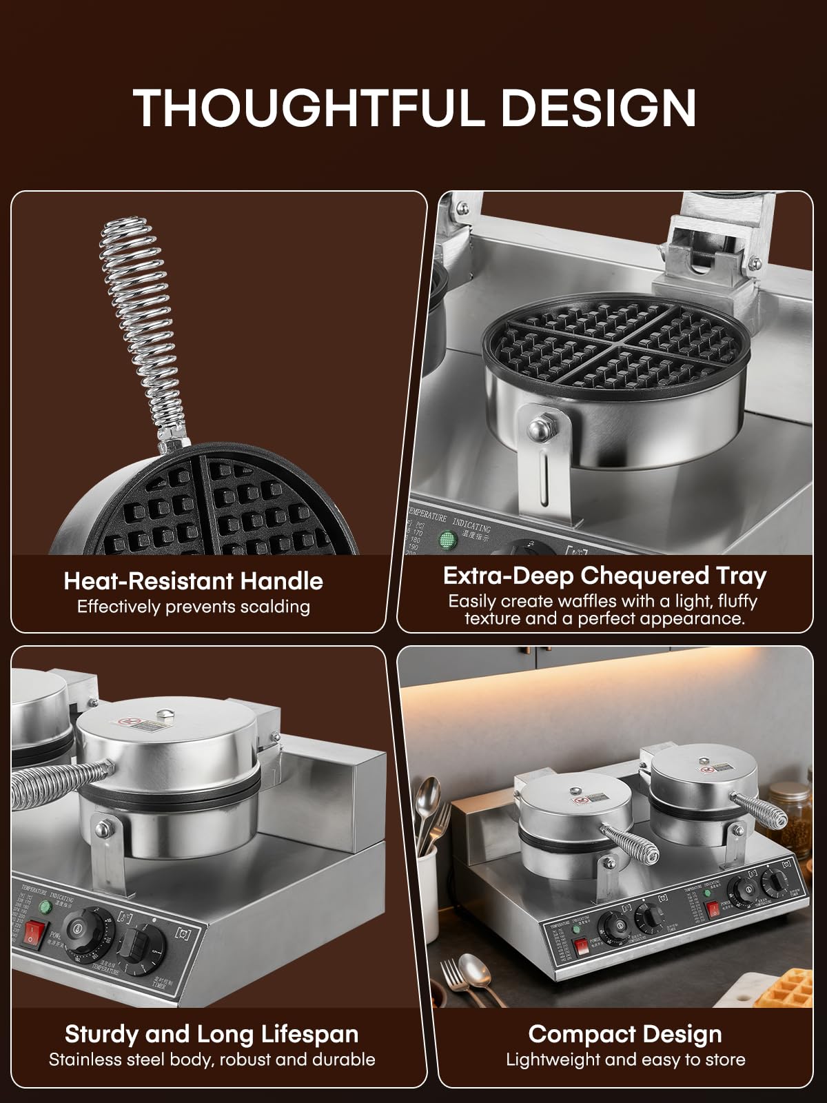 FOHERE 2400W kommerzieller Waffelautomat, Doppel-Waffeleisen, antihaftbeschichtetes Edelstahl-Waffeleisen mit Temperatur- und Zeitregelung, für Restaurants & Cafés