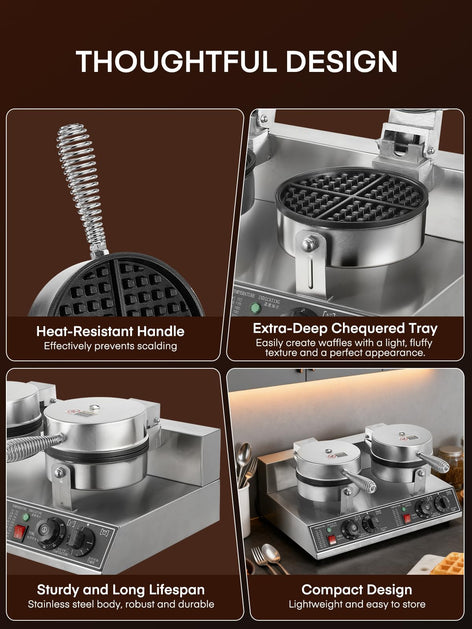 FOHERE 2400W Commercial Waffle Maker, Double-Head Waffle Machine, Non-Stick Stainless Steel Waffle Iron with Temp & Time Control, for Restaurants & Cafe
