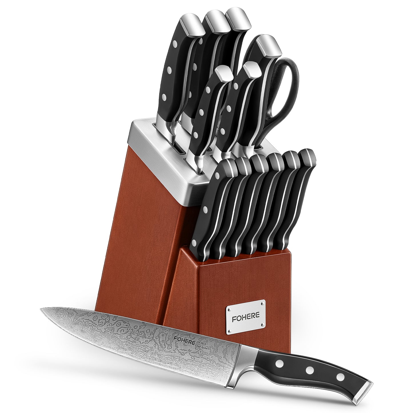 Messer-Set mit Block, FOHERE 14-teiliges rasiermesserscharfes selbstschärfendes Messer-Set, Kochmesser-Set aus rostfreiem High-Carbon-Edelstahl mit Wellenmuster, rost- und schmutzabweisend, dreifach genieteter Griff