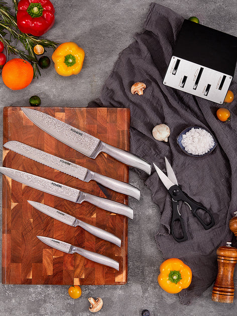 Knife Block Set, FOHERE Knife Set with Advanced Self Sharpening Technology, 7 Pieces Waved Texture Kitchen Knife Set, Stainless Steel Knife Set with Block, Sharp Knives with Non-slip Ergonomic Handle