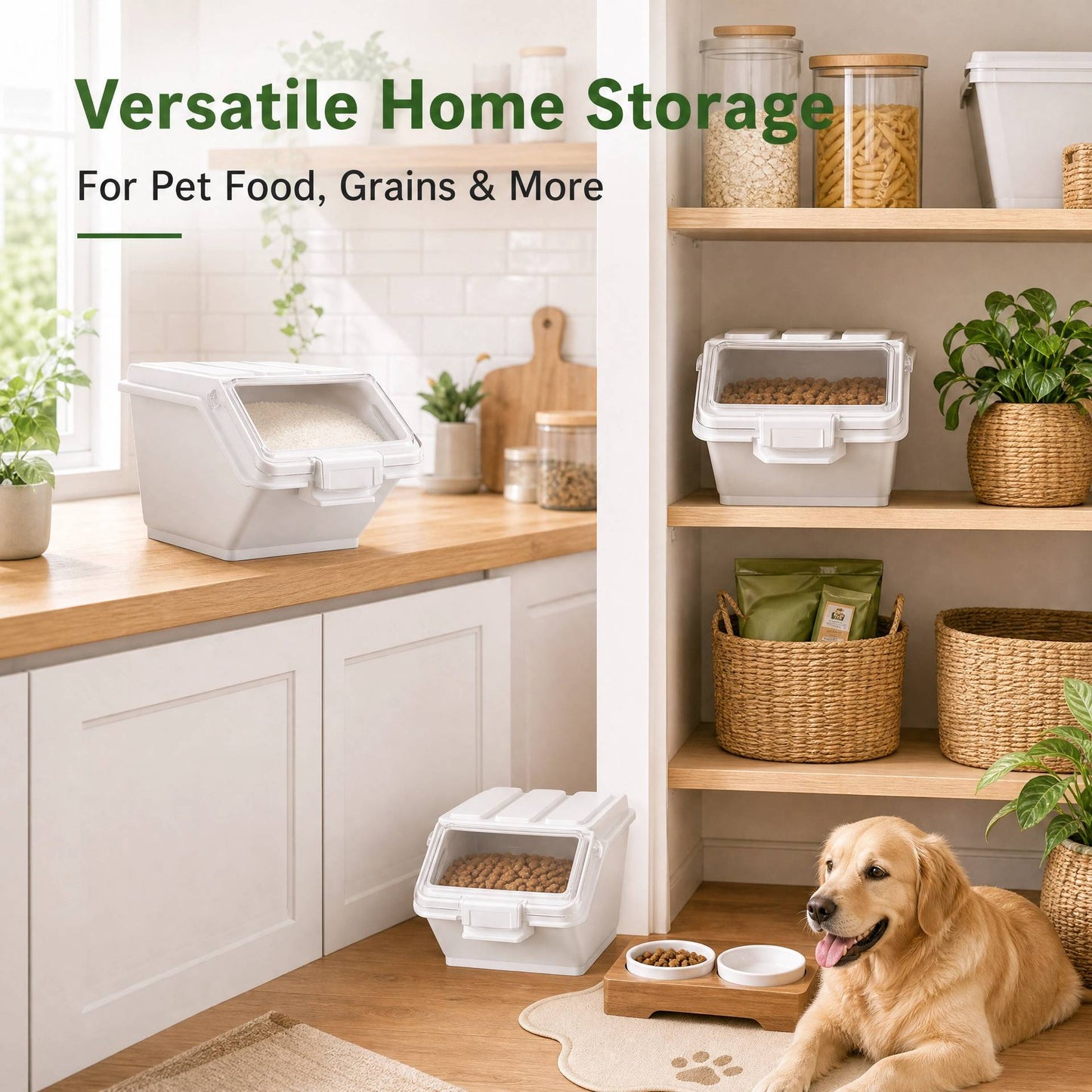 Ingredient Storage Bin, 2 x 10L Dispenser Bin with 2 Spoon,, 2 Pcs/Set Dog Pet Food Storage Container, PP Material, Kitchen Rice, Cereal, Flour, Grain, Pet Food Bin