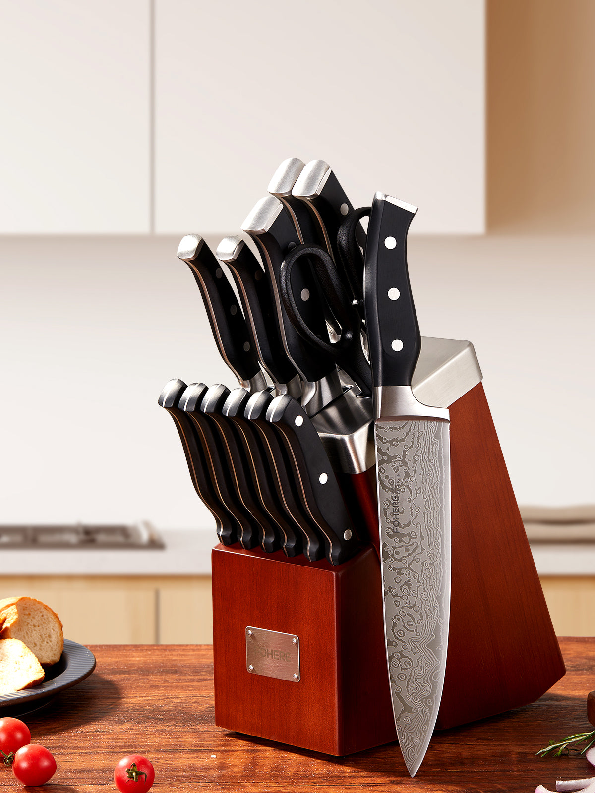 Messer-Set mit Block, FOHERE 14-teiliges rasiermesserscharfes selbstschärfendes Messer-Set, Kochmesser-Set aus rostfreiem High-Carbon-Edelstahl mit Wellenmuster, rost- und schmutzabweisend, dreifach genieteter Griff