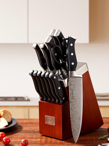 Messer-Set mit Block, FOHERE 14-teiliges rasiermesserscharfes selbstschärfendes Messer-Set, Kochmesser-Set aus rostfreiem High-Carbon-Edelstahl mit Wellenmuster, rost- und schmutzabweisend, dreifach genieteter Griff