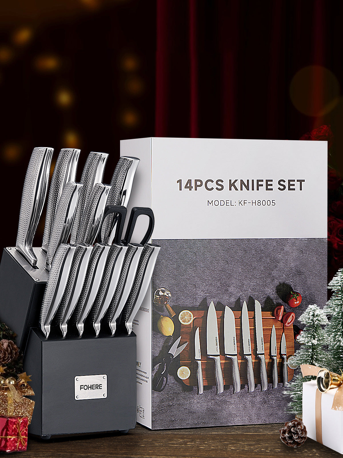 Messerblock-Set, FOHERE Messerset mit fortschrittlicher selbstschärfender Technologie, 14-teiliges Küchenmesser-Set mit gewellter Textur, Edelstahl-Messer-Set mit Block, scharfe Messer mit rutschfestem ergonomischem Griff