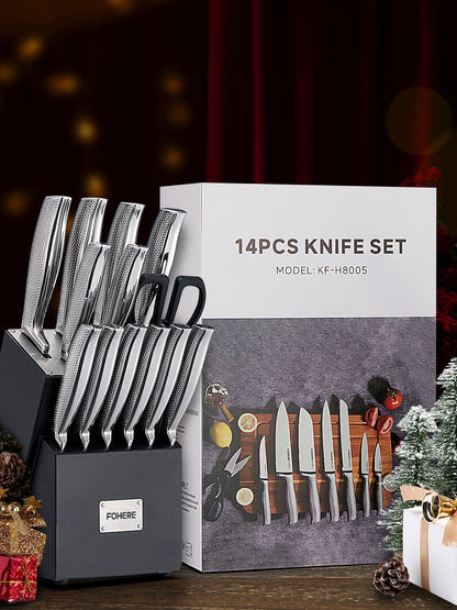 Messerblock-Set, FOHERE Messerset mit fortschrittlicher selbstschärfender Technologie, 14-teiliges Küchenmesser-Set mit gewellter Textur, Edelstahl-Messer-Set mit Block, scharfe Messer mit rutschfestem ergonomischem Griff