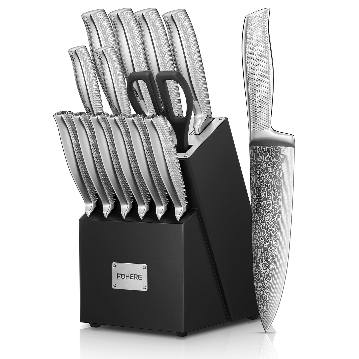 Messerblock-Set, FOHERE Messerset mit fortschrittlicher selbstschärfender Technologie, 14-teiliges Küchenmesser-Set mit gewellter Textur, Edelstahl-Messer-Set mit Block, scharfe Messer mit rutschfestem ergonomischem Griff