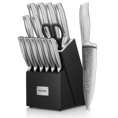 Messerblock-Set, FOHERE Messerset mit fortschrittlicher selbstschärfender Technologie, 14-teiliges Küchenmesser-Set mit gewellter Textur, Edelstahl-Messer-Set mit Block, scharfe Messer mit rutschfestem ergonomischem Griff