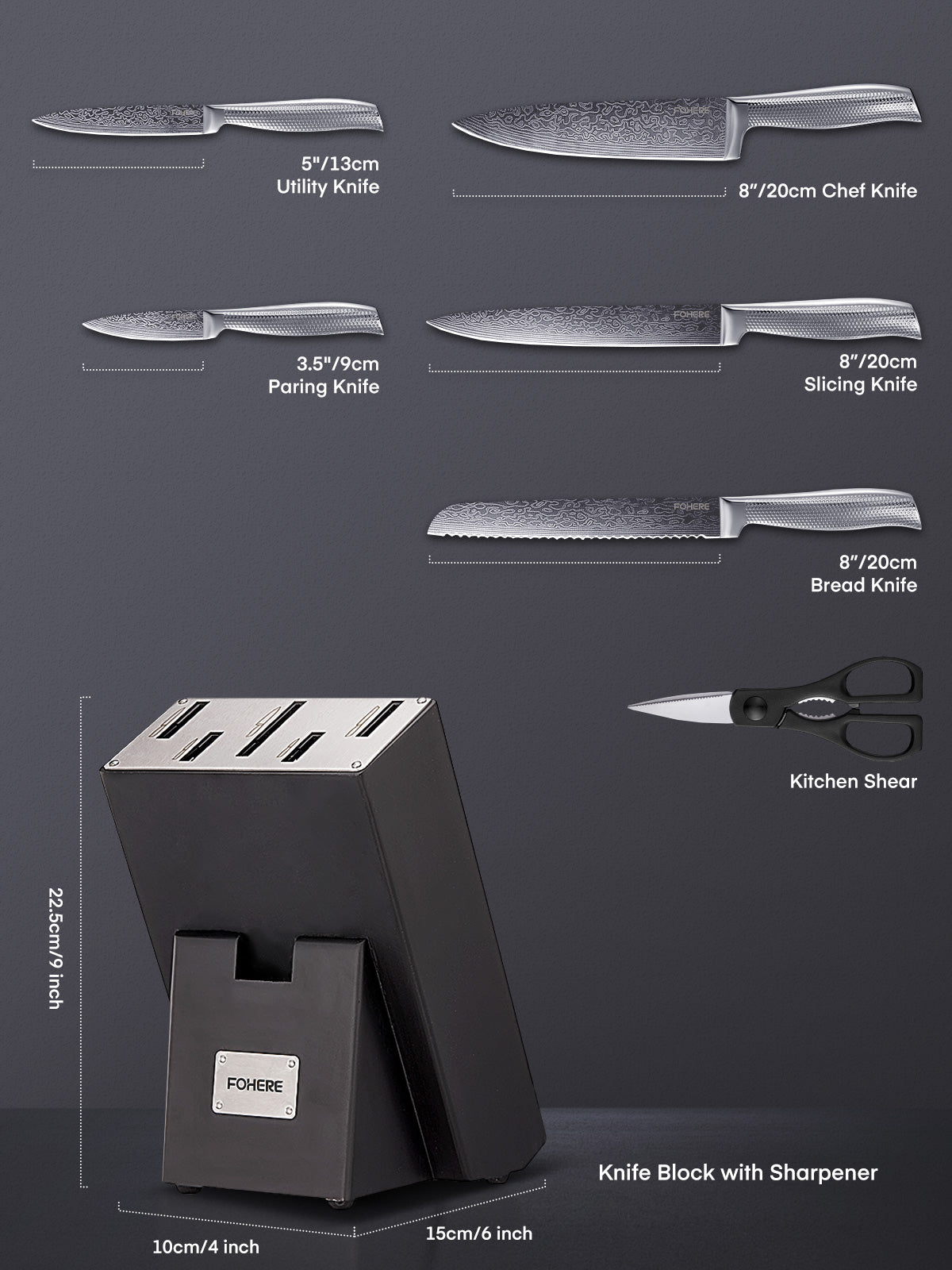 Messerblock-Set, FOHERE Messer-Set mit fortschrittlicher selbstschärfender Technologie, 7-teiliges Küchenmesser-Set mit Wellentextur, Edelstahl-Messer-Set mit Block, scharfe Messer mit rutschfestem ergonomischem Griff