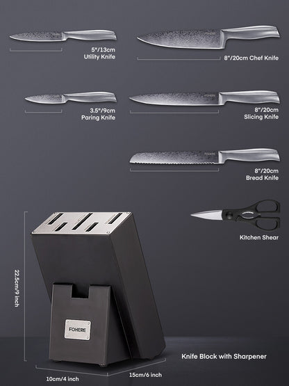 Messerblock-Set, FOHERE Messer-Set mit fortschrittlicher selbstschärfender Technologie, 7-teiliges Küchenmesser-Set mit Wellentextur, Edelstahl-Messer-Set mit Block, scharfe Messer mit rutschfestem ergonomischem Griff