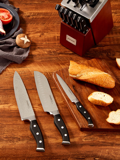 Messer-Set mit Block, FOHERE 14-teiliges rasiermesserscharfes selbstschärfendes Messer-Set, Kochmesser-Set aus rostfreiem High-Carbon-Edelstahl mit Wellenmuster, rost- und schmutzabweisend, dreifach genieteter Griff
