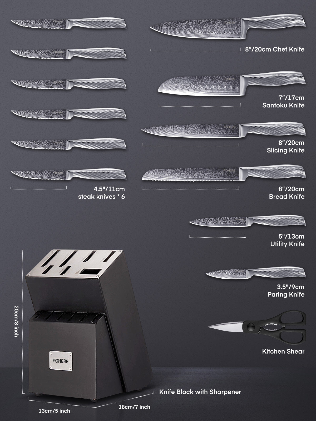 Messerblock-Set, FOHERE Messerset mit fortschrittlicher selbstschärfender Technologie, 14-teiliges Küchenmesser-Set mit gewellter Textur, Edelstahl-Messer-Set mit Block, scharfe Messer mit rutschfestem ergonomischem Griff