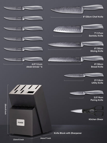 Messerblock-Set, FOHERE Messerset mit fortschrittlicher selbstschärfender Technologie, 14-teiliges Küchenmesser-Set mit gewellter Textur, Edelstahl-Messer-Set mit Block, scharfe Messer mit rutschfestem ergonomischem Griff