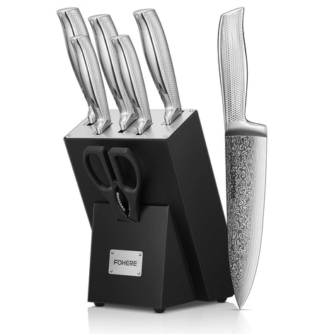 Knife Block Set, FOHERE Knife Set with Advanced Self Sharpening Technology, 7 Pieces Waved Texture Kitchen Knife Set, Stainless Steel Knife Set with Block, Sharp Knives with Non-slip Ergonomic Handle