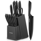Knife Block Set, FOHERE 13 Pcs Self Sharpening Knife Set, High Carbon Stainless Steel BO Oxidation Knife Set with Anti-slip Handle, Dishwasher Safe, Matte Gray