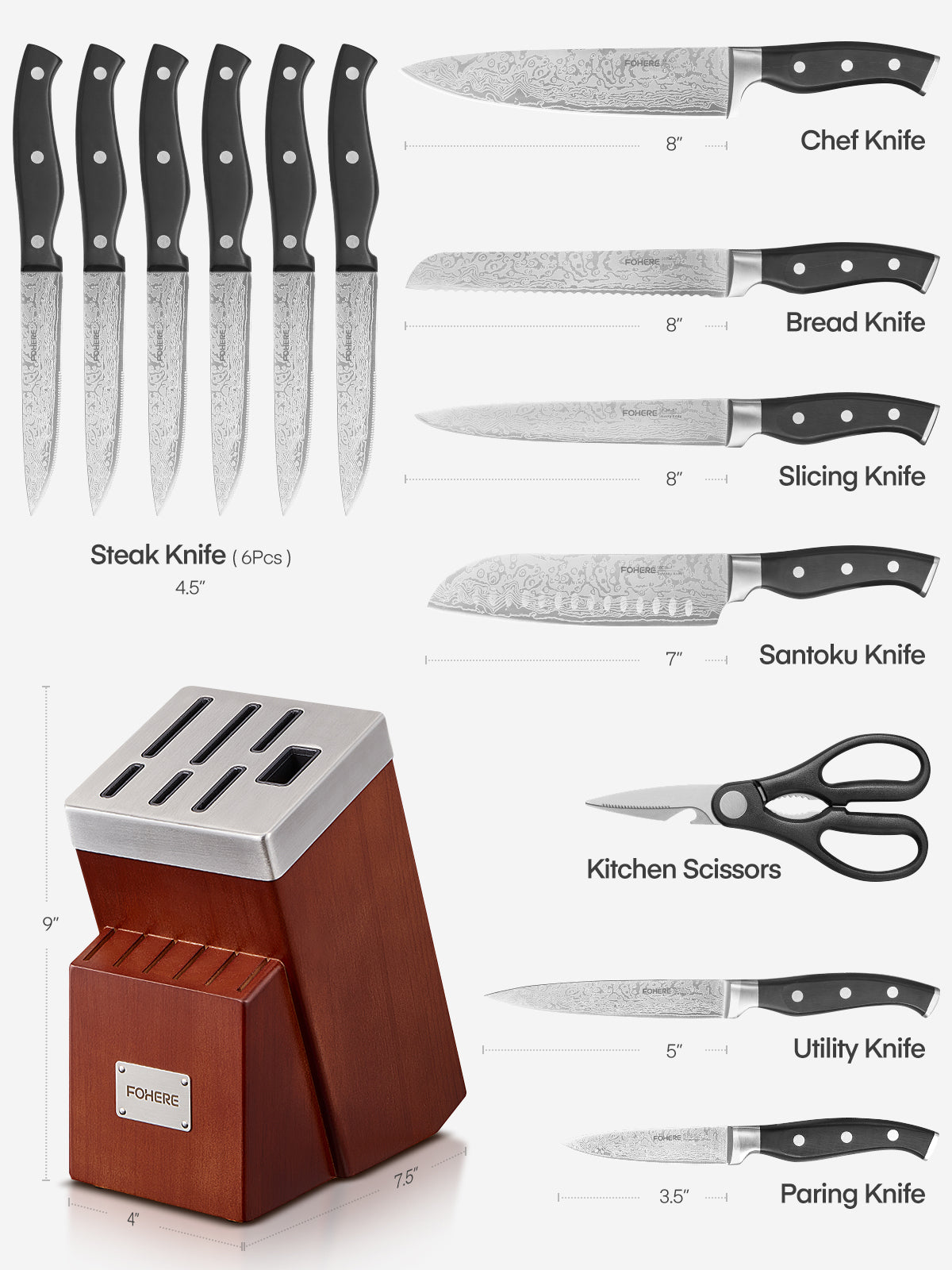 Messer-Set mit Block, FOHERE 14-teiliges rasiermesserscharfes selbstschärfendes Messer-Set, Kochmesser-Set aus rostfreiem High-Carbon-Edelstahl mit Wellenmuster, rost- und schmutzabweisend, dreifach genieteter Griff
