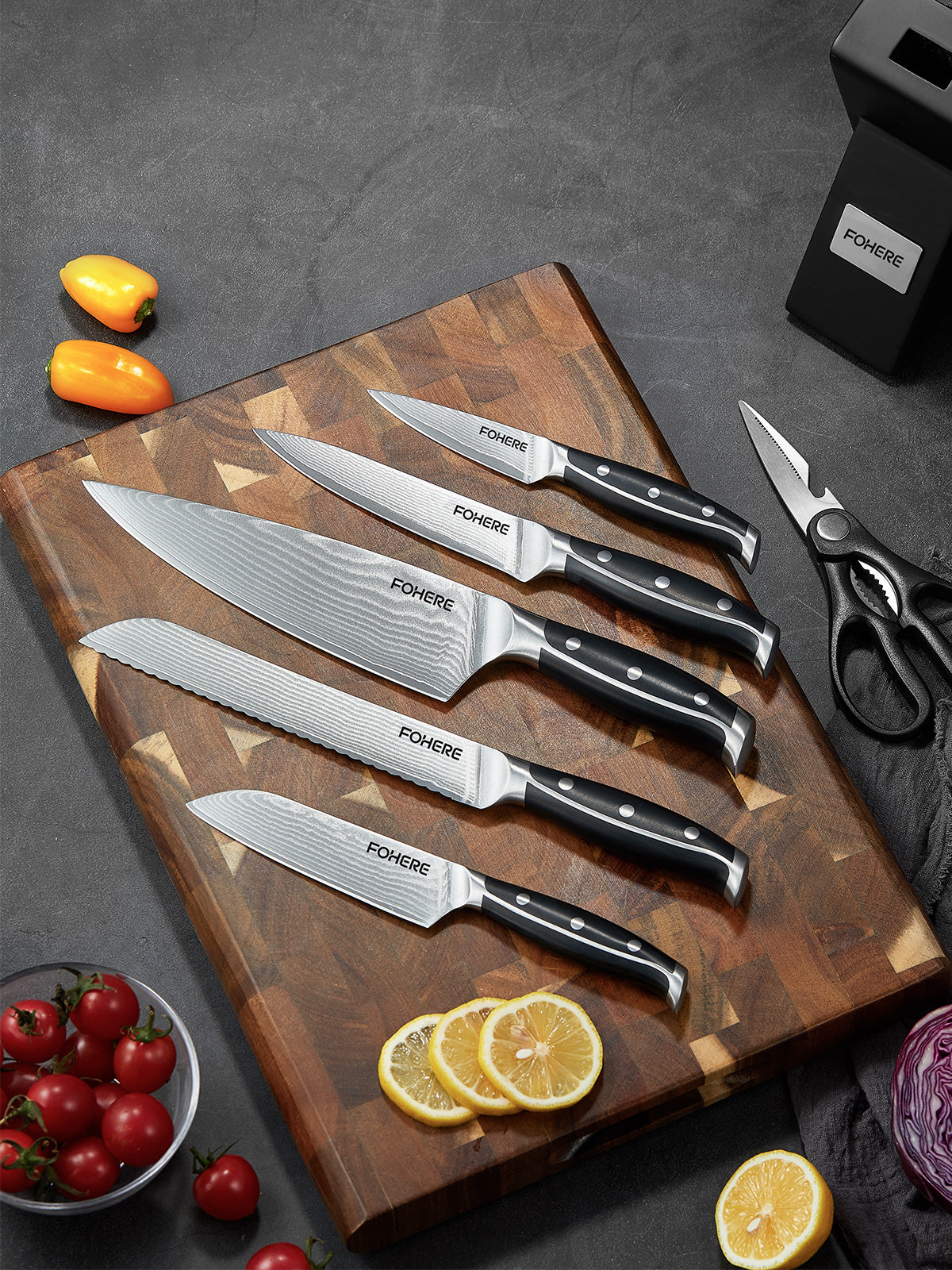 FOHERE 7-teiliges Messerset – 67-lagiges japanisches Messer aus VG10 Damaststahl, scharfes Küchenmesser-Set mit rutschfestem ABS-Griff, Damastmesser ideal als Geschenk