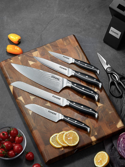 FOHERE 7-teiliges Messerset – 67-lagiges japanisches Messer aus VG10 Damaststahl, scharfes Küchenmesser-Set mit rutschfestem ABS-Griff, Damastmesser ideal als Geschenk