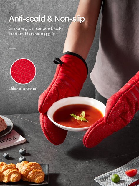 Oven Mitts, Heat Resistant Kitchen Oven Gloves 572°F, Non-Slip Silicone Surface, Extra Long Flexible Thick Mitts for Kitchen , Cooking , Baking , BBQ , Grid Red