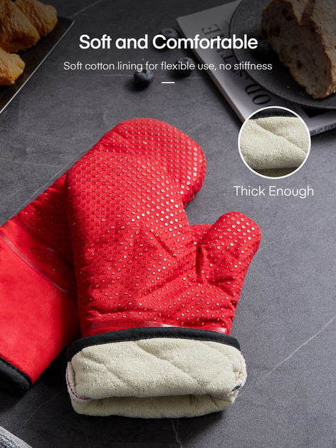 Oven Mitts, Heat Resistant Kitchen Oven Gloves 572°F, Non-Slip Silicone Surface, Extra Long Flexible Thick Mitts for Kitchen , Cooking , Baking , BBQ , Grid Red