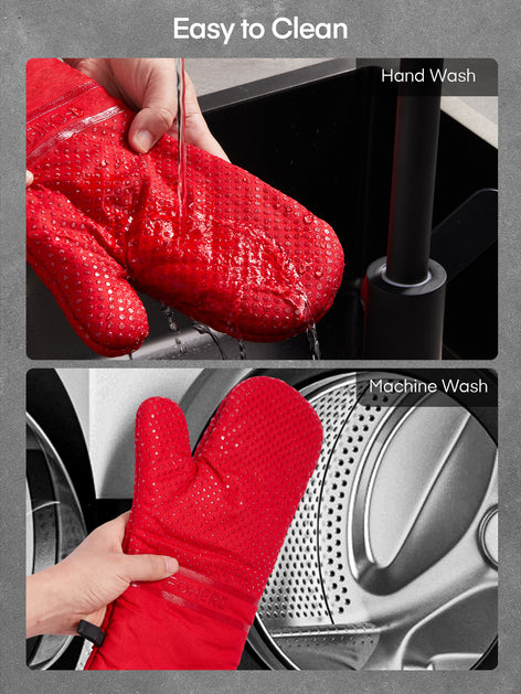 Oven Mitts, Heat Resistant Kitchen Oven Gloves 572°F, Non-Slip Silicone Surface, Extra Long Flexible Thick Mitts for Kitchen , Cooking , Baking , BBQ , Grid Red