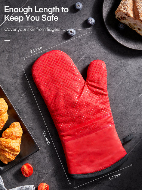 Oven Mitts, Heat Resistant Kitchen Oven Gloves 572°F, Non-Slip Silicone Surface, Extra Long Flexible Thick Mitts for Kitchen , Cooking , Baking , BBQ , Grid Red