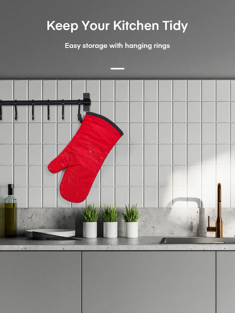 Oven Mitts, Heat Resistant Kitchen Oven Gloves 572°F, Non-Slip Silicone Surface, Extra Long Flexible Thick Mitts for Kitchen , Cooking , Baking , BBQ , Grid Red