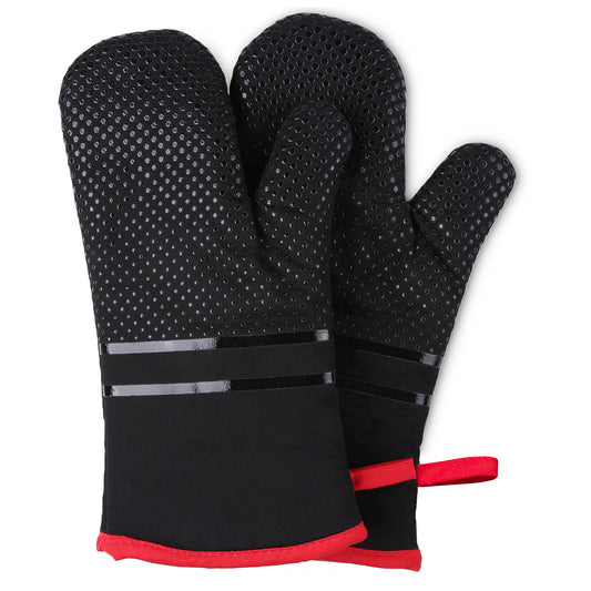 Ofenhandschuhe, hitzebeständige Küchenofenhandschuhe 300°C, rutschfeste Silikonoberfläche, extra lange flexible dicke Handschuhe für Küche, Kochen, Backen, Grillen, Schwarz