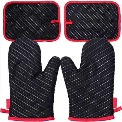 Ofenhandschuhe, Topflappen und Ofenmatten 4er-Set, Hitzebeständig bis 300°C, Baumwoll-Backhandschuhe mit rutschfestem Silikon, Kochhandschuhe zum Grillen und BBQ, Schwarz