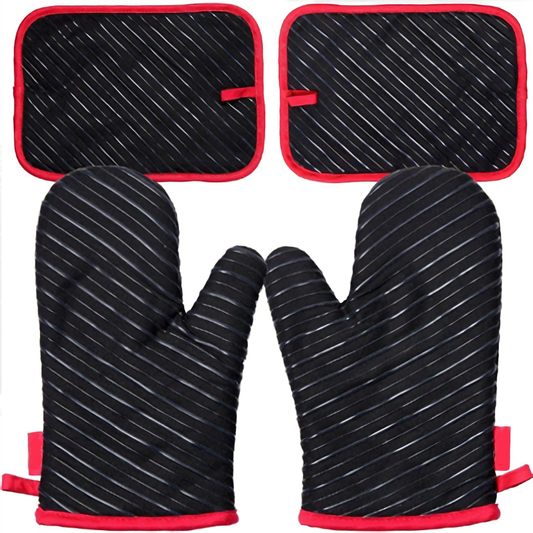 Ofenhandschuhe, Topflappen und Ofenmatten 4er-Set, Hitzebeständig bis 300°C, Baumwoll-Backhandschuhe mit rutschfestem Silikon, Kochhandschuhe zum Grillen und BBQ, Schwarz