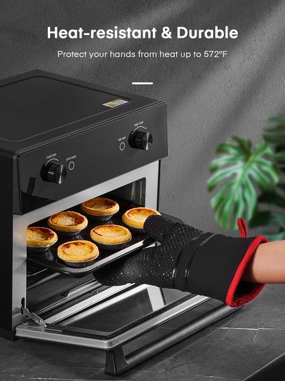 Ofenhandschuhe, hitzebeständige Küchenofenhandschuhe 300°C, rutschfeste Silikonoberfläche, extra lange flexible dicke Handschuhe für Küche, Kochen, Backen, Grillen, Schwarz