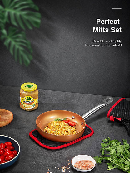 Ofenhandschuhe, Topflappen und Ofenmatten 4er-Set, Hitzebeständig bis 300°C, Baumwoll-Backhandschuhe mit rutschfestem Silikon, Kochhandschuhe zum Grillen und BBQ, Schwarz