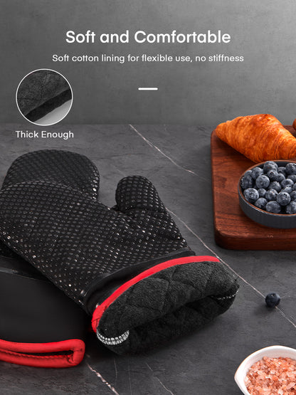 Ofenhandschuhe, hitzebeständige Küchenofenhandschuhe 300°C, rutschfeste Silikonoberfläche, extra lange flexible dicke Handschuhe für Küche, Kochen, Backen, Grillen, Schwarz