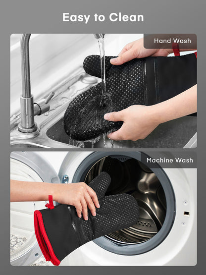 Ofenhandschuhe, hitzebeständige Küchenofenhandschuhe 300°C, rutschfeste Silikonoberfläche, extra lange flexible dicke Handschuhe für Küche, Kochen, Backen, Grillen, Schwarz