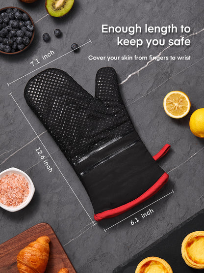 Ofenhandschuhe, hitzebeständige Küchenofenhandschuhe 300°C, rutschfeste Silikonoberfläche, extra lange flexible dicke Handschuhe für Küche, Kochen, Backen, Grillen, Schwarz