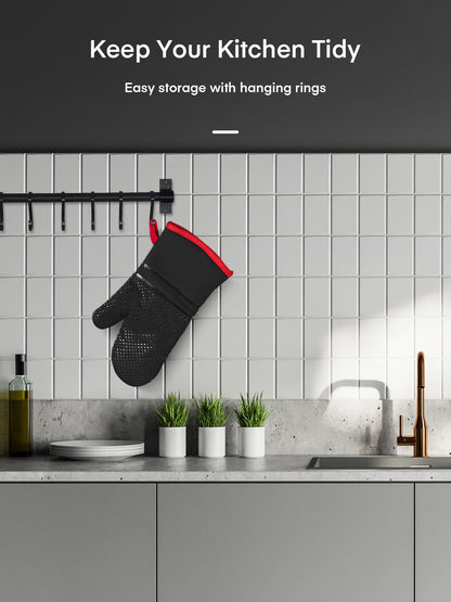 Ofenhandschuhe, hitzebeständige Küchenofenhandschuhe 300°C, rutschfeste Silikonoberfläche, extra lange flexible dicke Handschuhe für Küche, Kochen, Backen, Grillen, Schwarz