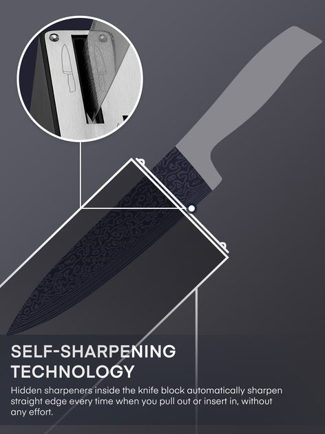 Knife Block Set, FOHERE Knife Set with Advanced Self Sharpening Technology, 7 Pieces Waved Texture Kitchen Knife Set, Stainless Steel Knife Set with Block, Sharp Knives with Non-slip Ergonomic Handle