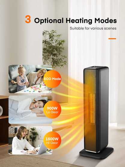 FOHERE Raumheizgerät für den Innenbereich, 23 Zoll leise PTC-Elektroheizung für Schlafzimmer, schnelles Aufheizen mit Thermostat, Fernbedienung, 70° Oszillation, 24-Stunden-Timer, tragbares und sicheres Heizgerät für Zuhause, Büro, 1500W, Schwarz