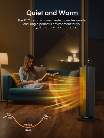 FOHERE Raumheizgerät für den Innenbereich, 23 Zoll leise PTC-Elektroheizung für Schlafzimmer, schnelles Aufheizen mit Thermostat, Fernbedienung, 70° Oszillation, 24-Stunden-Timer, tragbares und sicheres Heizgerät für Zuhause, Büro, 1500W, Schwarz