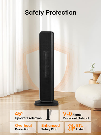 FOHERE Raumheizgerät für den Innenbereich, 23 Zoll leise PTC-Elektroheizung für Schlafzimmer, schnelles Aufheizen mit Thermostat, Fernbedienung, 70° Oszillation, 24-Stunden-Timer, tragbares und sicheres Heizgerät für Zuhause, Büro, 1500W, Schwarz
