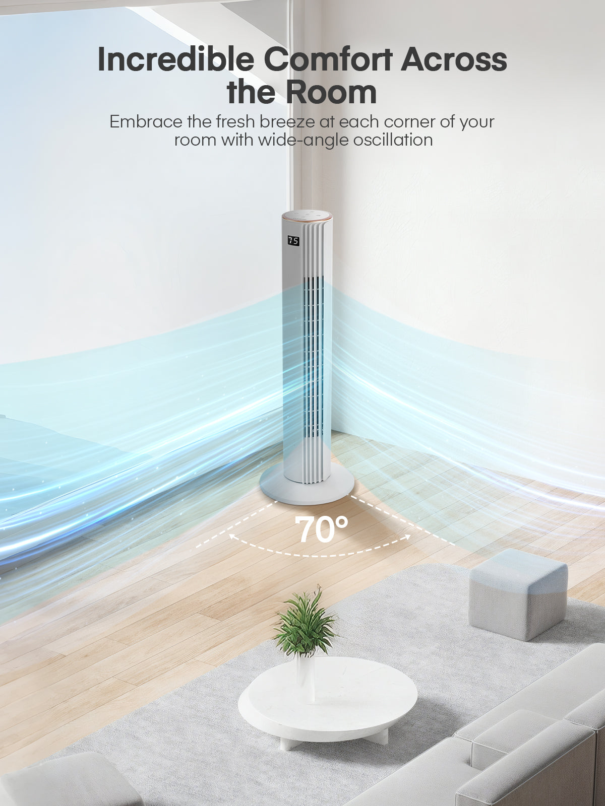 FOHERE Turmventilator für Zuhause, 76 cm oszillierender Ventilator mit Fernbedienung, 3 Geschwindigkeiten, Timer, leiser tragbarer Standventilator ohne Rotorblätter für Schlafzimmer, Bürogebrauch