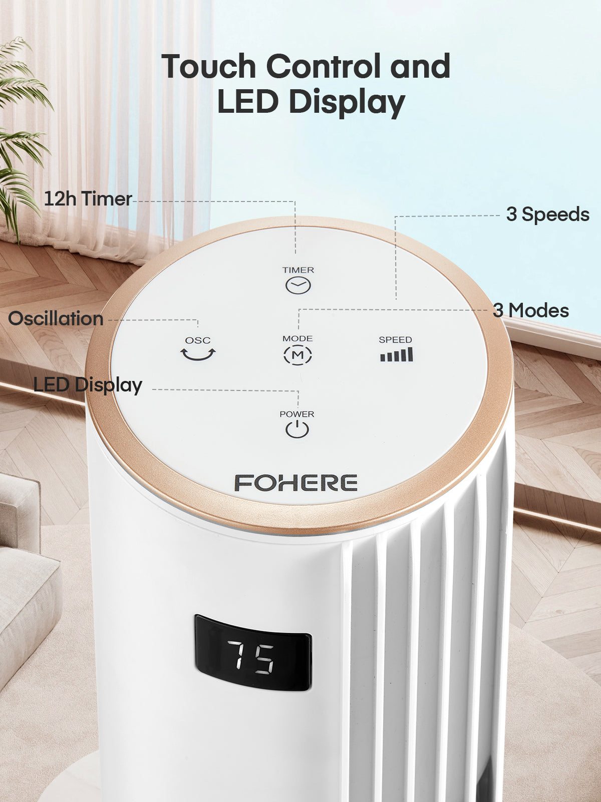 FOHERE Turmventilator für Zuhause, 76 cm oszillierender Ventilator mit Fernbedienung, 3 Geschwindigkeiten, Timer, leiser tragbarer Standventilator ohne Rotorblätter für Schlafzimmer, Bürogebrauch