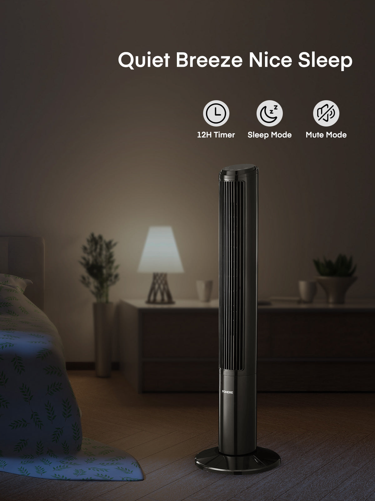 FOHERE Turmventilator für Zuhause, 101,6 cm oszillierender leiser DC-Motor-Kühlventilator mit Fernbedienung, 12 Geschwindigkeiten, 4 Modi und Timer, stehende Bodenventilatoren sicher für Schlafzimmer und Heimbüro, Schwarz