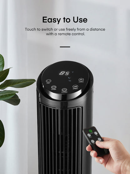 FOHERE Turmventilator für Zuhause, 101,6 cm oszillierender leiser DC-Motor-Kühlventilator mit Fernbedienung, 12 Geschwindigkeiten, 4 Modi und Timer, stehende Bodenventilatoren sicher für Schlafzimmer und Heimbüro, Schwarz