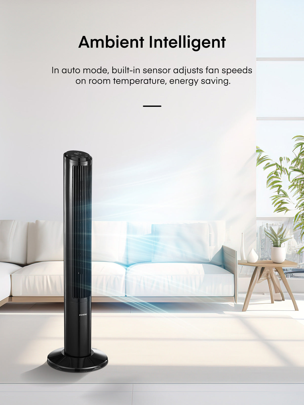 FOHERE Turmventilator für Zuhause, 101,6 cm oszillierender leiser DC-Motor-Kühlventilator mit Fernbedienung, 12 Geschwindigkeiten, 4 Modi und Timer, stehende Bodenventilatoren sicher für Schlafzimmer und Heimbüro, Schwarz