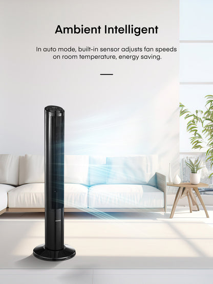 FOHERE Turmventilator für Zuhause, 101,6 cm oszillierender leiser DC-Motor-Kühlventilator mit Fernbedienung, 12 Geschwindigkeiten, 4 Modi und Timer, stehende Bodenventilatoren sicher für Schlafzimmer und Heimbüro, Schwarz
