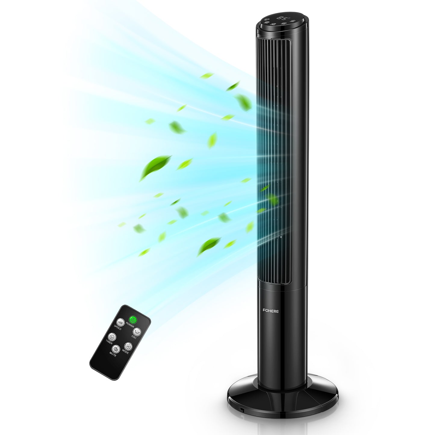 FOHERE Turmventilator für Zuhause, 101,6 cm oszillierender leiser DC-Motor-Kühlventilator mit Fernbedienung, 12 Geschwindigkeiten, 4 Modi und Timer, stehende Bodenventilatoren sicher für Schlafzimmer und Heimbüro, Schwarz