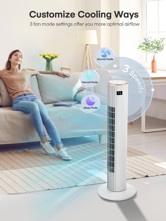 FOHERE Turmventilator für Zuhause, 76 cm oszillierender Ventilator mit Fernbedienung, 3 Geschwindigkeiten, Timer, leiser tragbarer Standventilator ohne Rotorblätter für Schlafzimmer, Bürogebrauch