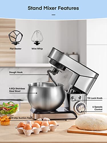 Stand Mixer FOHERE, 6-Speed Stainless Steel Mixer with Dough Hook