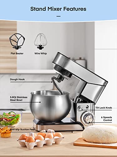 Küchenmaschine FOHERE, 6-Gang-Edelstahlmixer mit Knethaken, Rührbesen, Schneebesen, spülmaschinenfest, kippbarer Kopf, Teigmischer für Kuchen, 5,8 QT elektrische Küchenmaschine für Zuhause