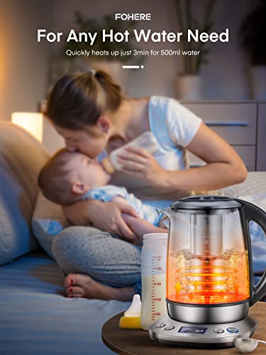 Electric Kettle with Temperature Control and Tea Infuser, FOHERE 1.7L Electric Tea Kettle, Glass and Stainless Steel Hot Tea Water Kettle, 2Hr Keep Warm, 6 Presets for Herbal, Green, Coffee, Black